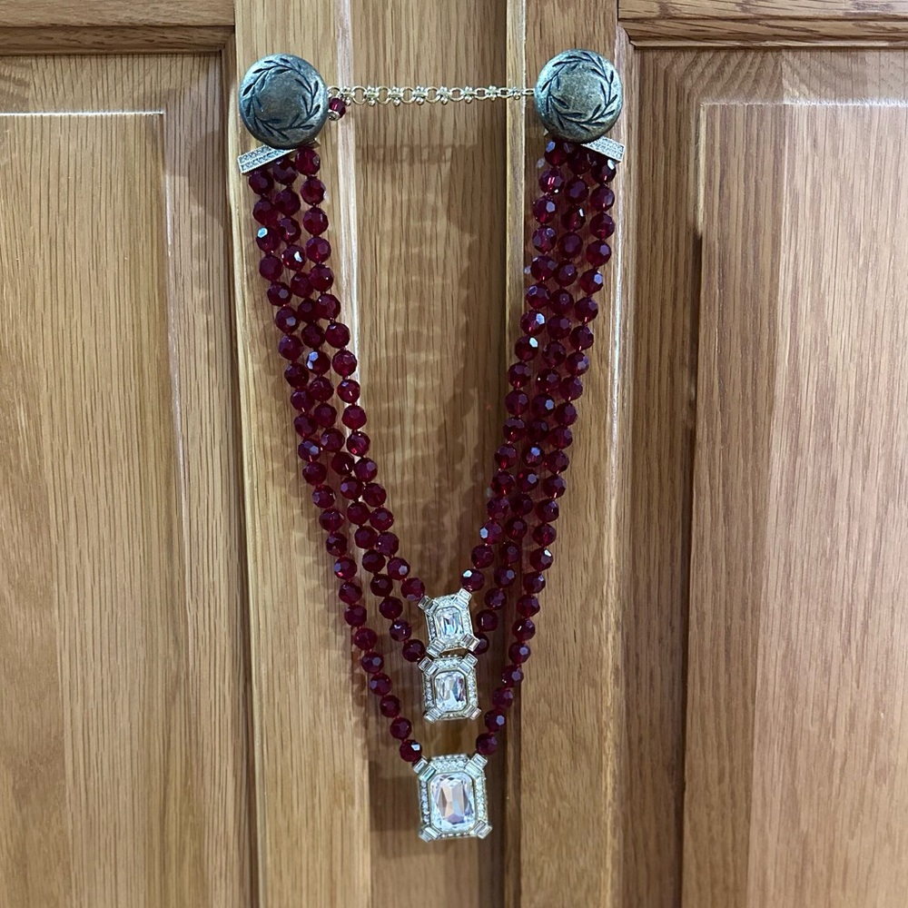 Red and Silver Multi-Strand Necklace with Crystal Pendants